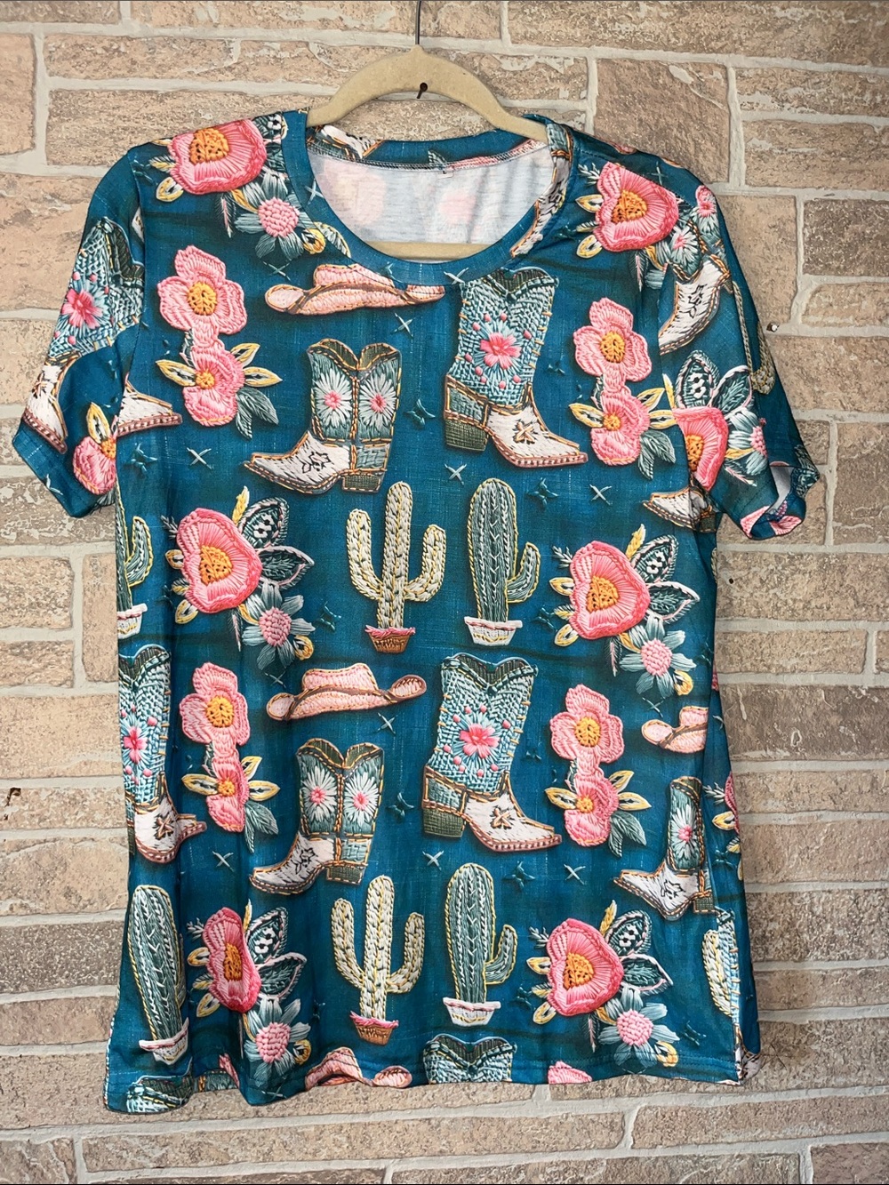 Teal Western Print Tee with Pink Floral & Cactus Motif